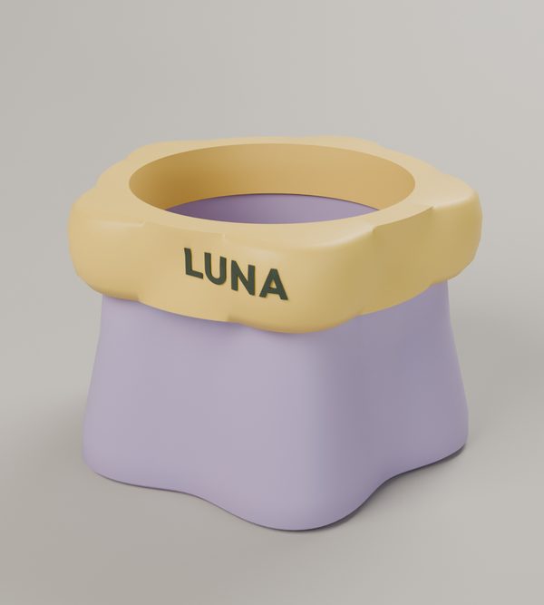 La tapa amarilla con el nombre LUNA sobre la base lila