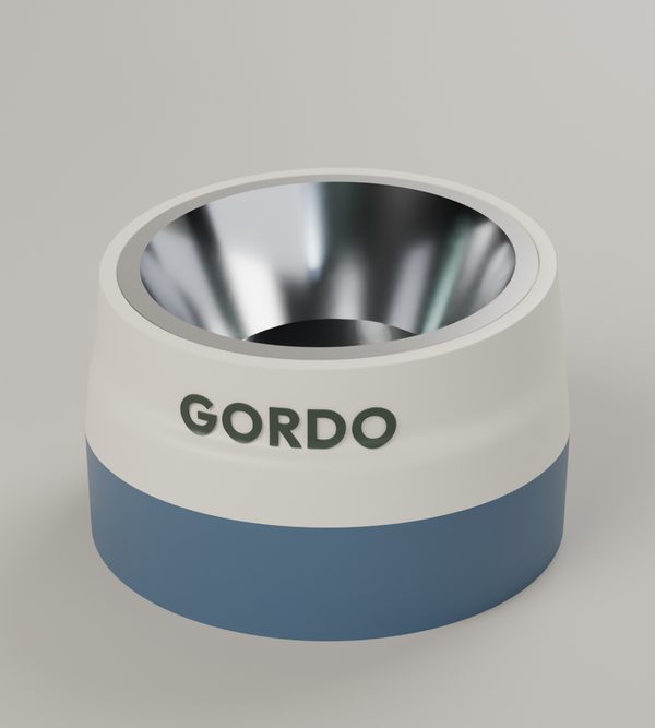 Soporte inclinado crema y azul con el nombre GORDO
